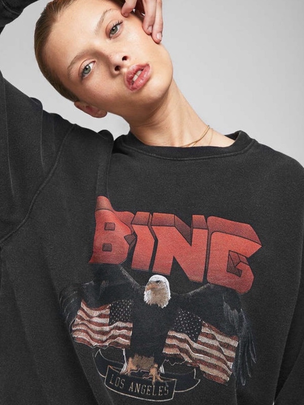 SALE** Anine Bing Charcoal Crewneck with Red Logo and Eagle Graphic - Picture 3 of 7